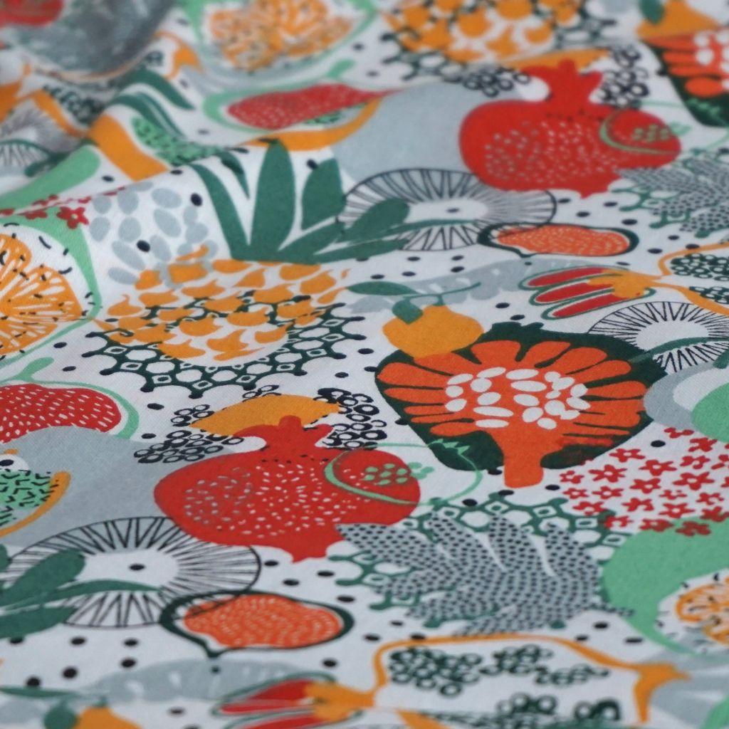 Preview: Baumwollstoff Motivdruck Obst Gemüse orange grün grau